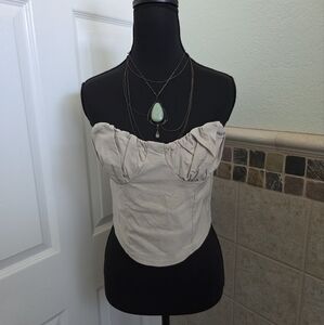 Beige Corset Crop Top Festival Coachella Y2K Western Flirty Smock Back Size 10